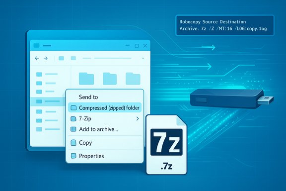 Blue digital illustration of a file explorer with a Send to menu for compressed archives (7-Zip) and a 7z icon.