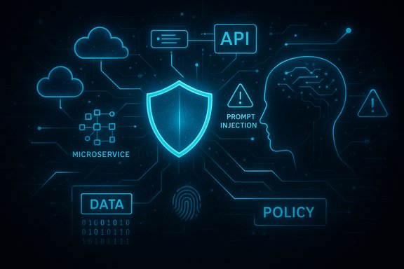 Neon cyber-security diagram featuring a central shield, API, data, policy, and prompt-injection cues.