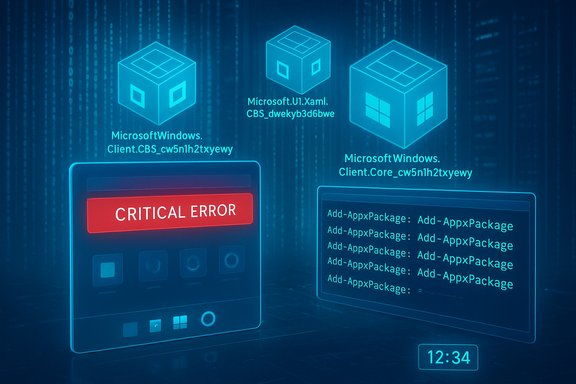 Blue holographic UI displays a CRITICAL ERROR with Windows system components.