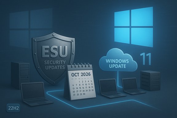Illustration showing Windows 11 update, cloud-based Windows Update, and ESU security updates. Illustration showing Windows 11 update, cloud-based Windows Update, and ESU security updates.