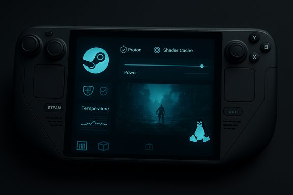 A Steam Deck–style handheld shows Proton settings and a blue-tinged forest game scene.