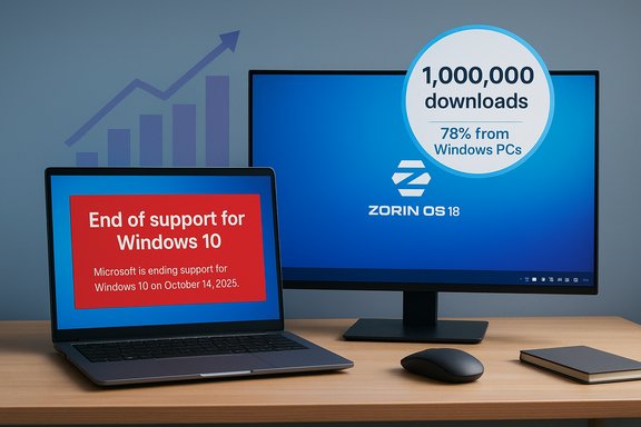 Laptop and monitor show Windows 10 end-of-support alert with Zorin OS 18 download stats.