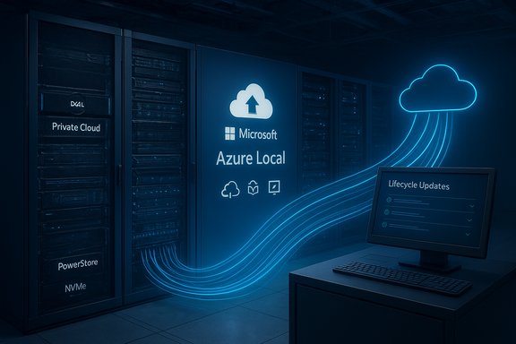 Data center with Microsoft Azure Local private cloud branding and glowing cloud streams.