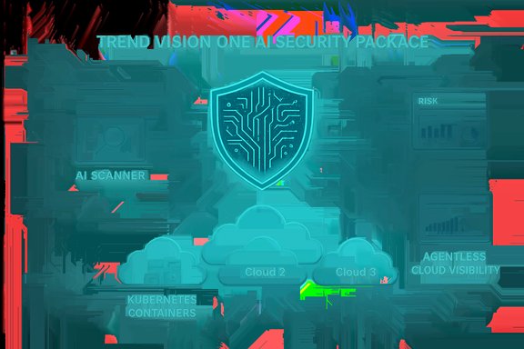 Neon infographic of Trend Vision One AI Security Package with shield, cloud icons, and Kubernetes.
