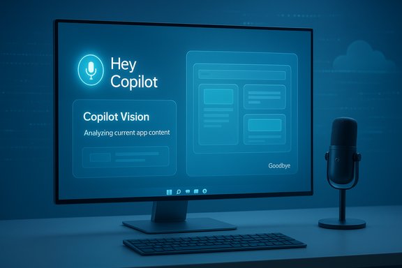 Blue desk setup with a monitor displaying Hey Copilot and the Copilot Vision UI, plus a microphone.