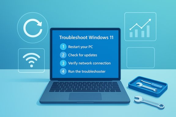 Blue laptop screen shows a four-step Windows 11 troubleshooting guide with tools.