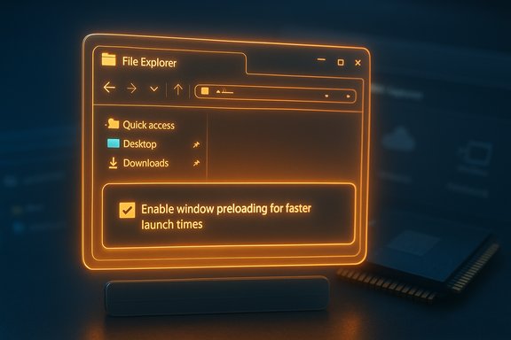 A glowing orange holographic File Explorer window showing a preloading option. A glowing orange holographic File Explorer window showing a preloading option.