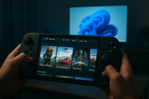 A person holds a handheld gaming console showing a library with Halo Infinite, Forza Horizon 5 and Starfield.