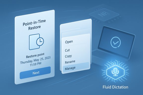 Blue-toned illustration of a point-in-time restore screen with a file menu and Fluid Dictation icon.