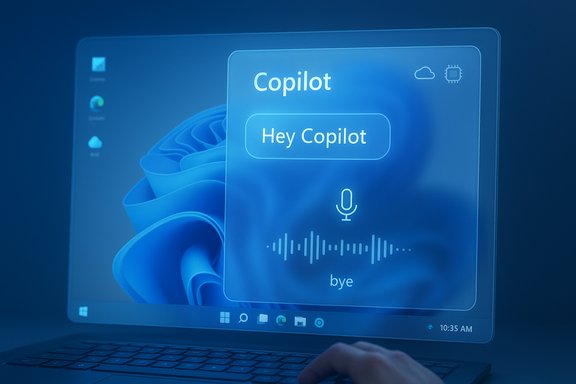 A blue holographic Copilot panel on a laptop screen reads “Hey Copilot” with a microphone and waveform.