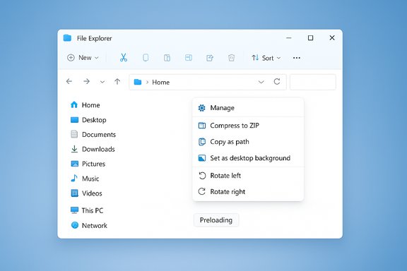 Windows 11 File Explorer with a floating context menu showing actions like Manage, Compress to ZIP, and Copy as path. Windows 11 File Explorer with a floating context menu showing actions like Manage, Compress to ZIP, and Copy as path.