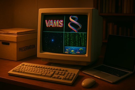 A vintage computer displays VAMS alongside a DNA helix, green code, starfield, and coral image, with a preservation box nearby.
