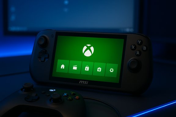 An MSI handheld console displaying the green Xbox home screen, with a nearby gamepad.