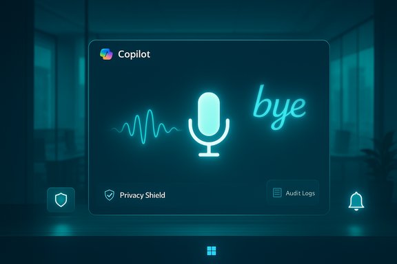 Neon Copilot UI in a blue-lit office, featuring a microphone icon and the word bye.