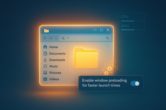 Glowing file explorer window with a yellow folder and a toggle to enable window preloading.