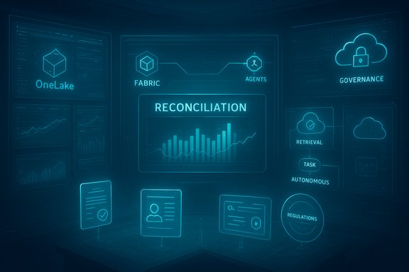 Futuristic neon dashboard focused on reconciliation with charts and governance icons.