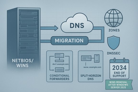 DNS migration diagram from NetBIOS/WINS to cloud DNS with zones and DNSSEC. DNS migration diagram from NetBIOS/WINS to cloud DNS with zones and DNSSEC.