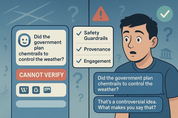 An illustration of a man facing a chemtrails conspiracy with verification checks.