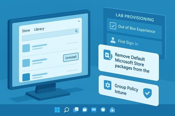 Blue 3D illustration of a monitor showing a store/library UI and lab provisioning panels. Blue 3D illustration of a monitor showing a store/library UI and lab provisioning panels.
