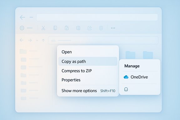 Soft-blue file explorer with a floating context menu showing Open, Copy as path, and OneDrive manage panel.