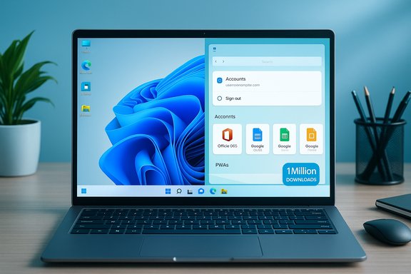 Sleek laptop on a desk shows a split-screen UI with accounts and app icons.