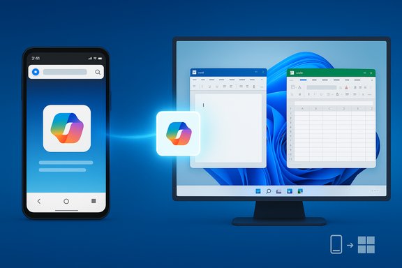 Phone-to-PC app transfer visualization showing a colorful app icon moving from mobile to Windows.