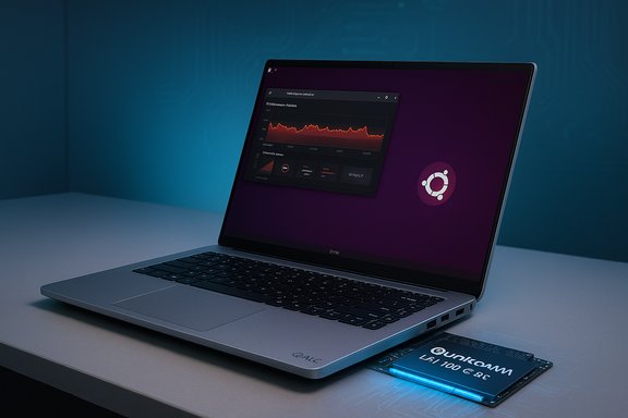 A sleek laptop on a white desk displays Ubuntu against a blue backdrop.