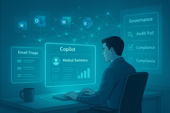 A person sits at a desk using a holographic dashboard showing Copilot, Email Triage, and Governance panels.