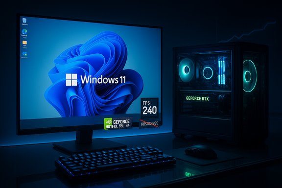 RGB-lit gaming PC setup with Windows 11 on the monitor and an RTX-powered rig.