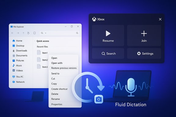 Tech collage featuring File Explorer, Xbox UI, and Fluid Dictation with a microphone.
