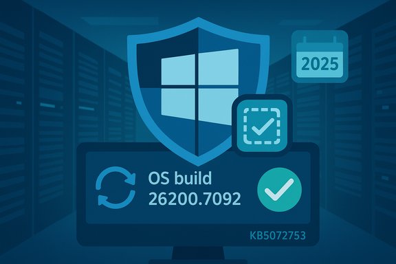 Windows OS build 26200.7092 update with a security shield and checkmark.