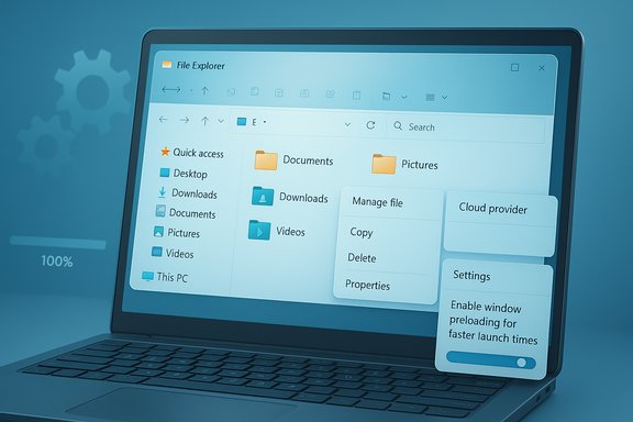 Laptop screen shows Windows File Explorer with a floating context menu and a settings panel.