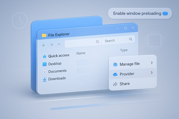 A 3D blue File Explorer UI with Quick Access pane and a floating action panel, plus a preloading toggle.
