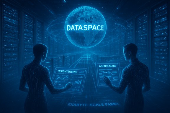 Two holographic operators in a blue data center manipulate screens beneath a glowing DataSpace globe. Two holographic operators in a blue data center manipulate screens beneath a glowing DataSpace globe.