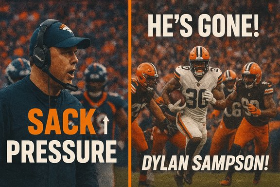 Split-screen: coach on the left with SACK PRESSURE; Dylan Sampson on the right, HE'S GONE!