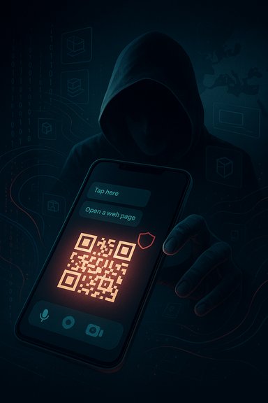 Hooded hacker displays a glowing QR code on a smartphone.