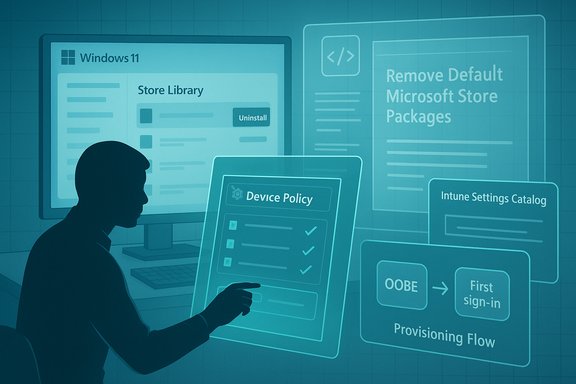A person interacts with floating Windows 11 admin dashboards and policy screens. A person interacts with floating Windows 11 admin dashboards and policy screens.