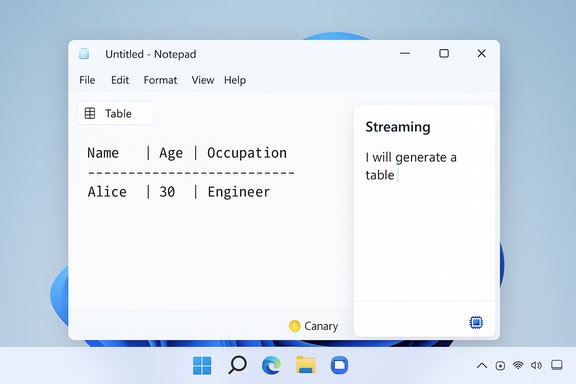 Notepad window displaying a table with Alice, 30, Engineer, and a right-side panel titled 'Streaming'. Notepad window displaying a table with Alice, 30, Engineer, and a right-side panel titled 'Streaming'.