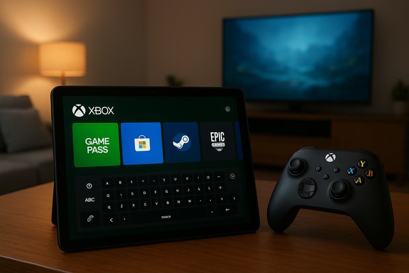 Tablet displays Xbox Game Pass UI with a wireless controller on a wooden table.