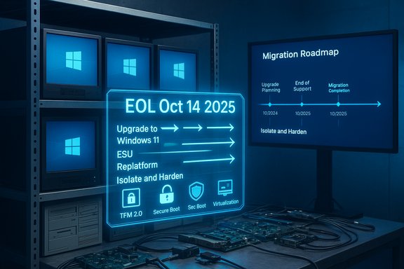 Futuristic server room with a holographic roadmap for Windows upgrade and security hardening. Futuristic server room with a holographic roadmap for Windows upgrade and security hardening.