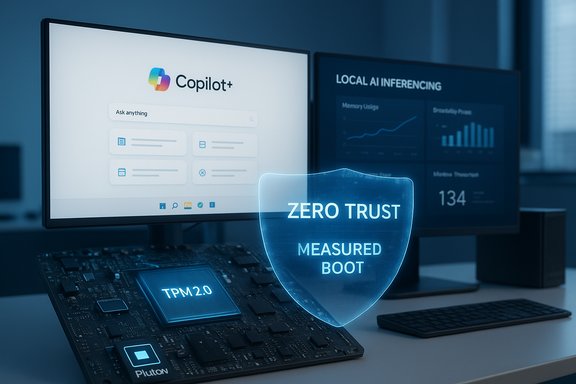 Security workstation featuring a Zero Trust Measured Boot shield over a TPM 2.0 chip.