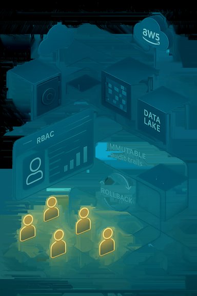 Glowing user icons stand before a cloud-based data platform with RBAC, data lake, and audit trails.