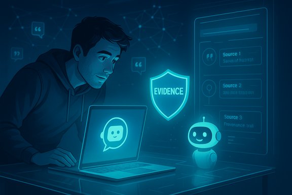 A person works on a laptop as a glowing EVIDENCE shield and a friendly robot looms nearby.
