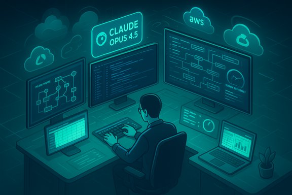 A programmer at a multi-monitor setup, surrounded by cloud icons and Claude Opus 4.5.