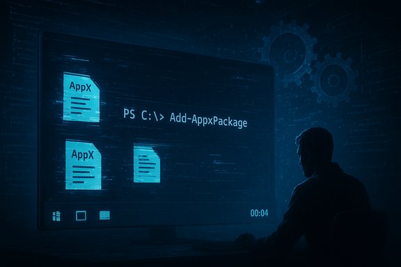 A person sits at a desk, watching a blue projection of a PowerShell command: Add-AppxPackage.