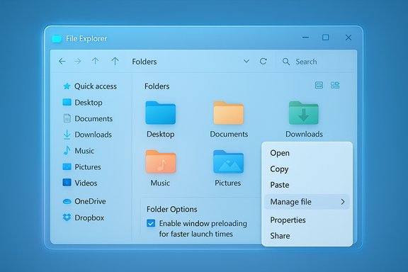 A glowing blue Windows File Explorer window showing folders and a right-click menu.