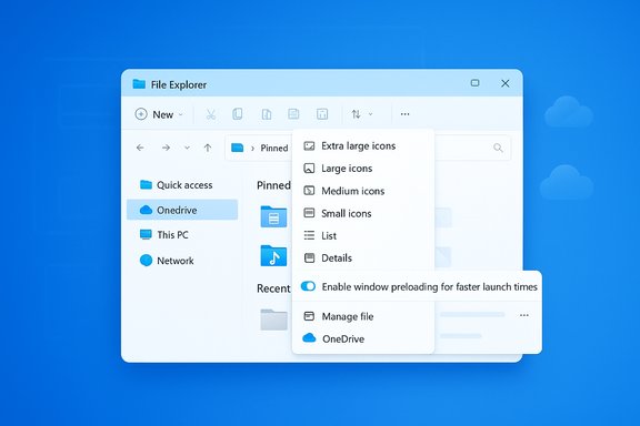 Windows File Explorer showing icon size options with OneDrive highlighted on a blue background.