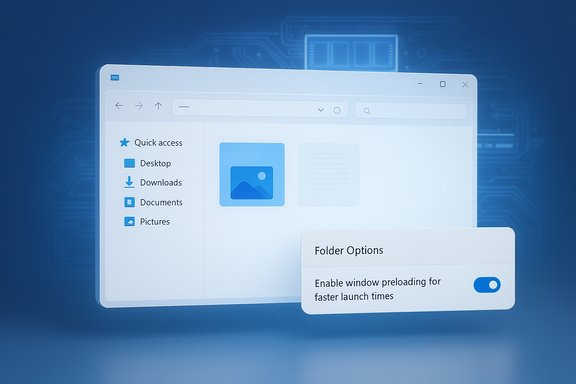 A Windows-style file explorer with Quick Access and a Folder Options toggle for preloading.