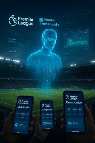 A glowing holographic figure hovers in a stadium beside Premier League Azure branding and companion apps.