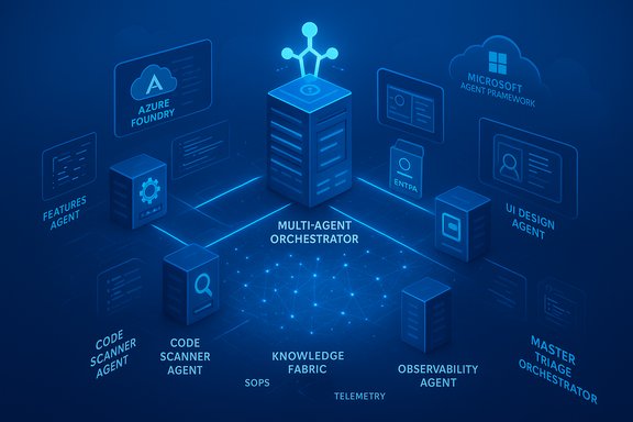 Blue isometric diagram of a multi-agent orchestrator coordinating code scanner, UI, observability, and more.